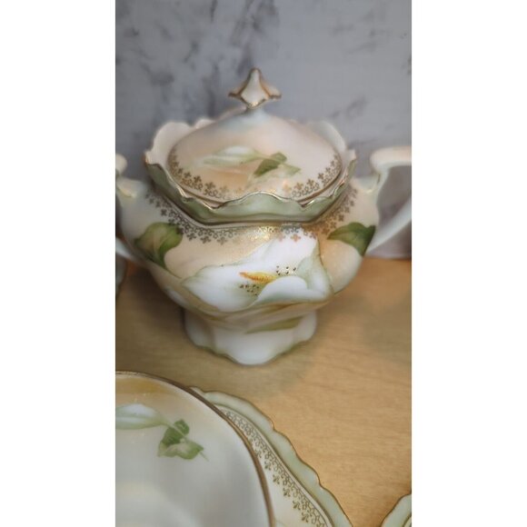 Antique RS‎ Germany/Prussia Sugar Bowl Creamer 6 cups & 6 saucers Calla Lily - Picture 5 of 16